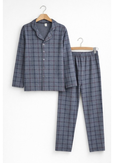 Beka Kids Erkek Çocuk Önden Düğmeli Kareli Pijama Takımı - Göz Bantlı Gri