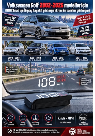 Volkswagen Golf 2002-2026 Modeller İçin Obd2 Head Up Display Hayalet Gösterge Ekranı Ön Cam Hız Göstergesi