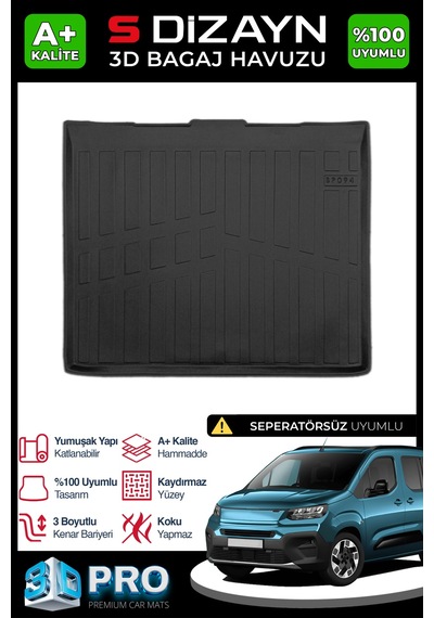 S-dizayn Fiat Doblo Seperatörsüz 3d Pro Bagaj Havuzu 2023 Üzeri A+ Kalite
