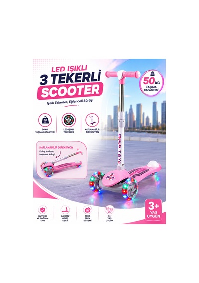 Gtpro Çocuk Scooter Katlanabilir 3+yaş 3tekerli Led Işıklı 50kğ Kapasite Pembe