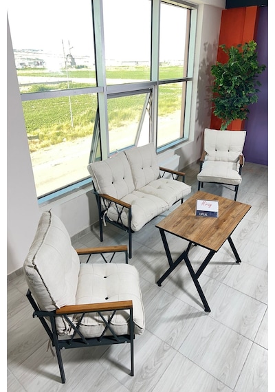 Miray 211 Masalı Krem Fermuarlı Bahçe Balkon Takımı, Salon, Teras- Berjer Düğmeli Metal Çay Seti Krem