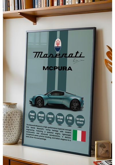 Maserati Mcpura Premium Araba Tablosu - Teknik Özellikli İtalyan Otomobil Duvar Dekoru Siyah
