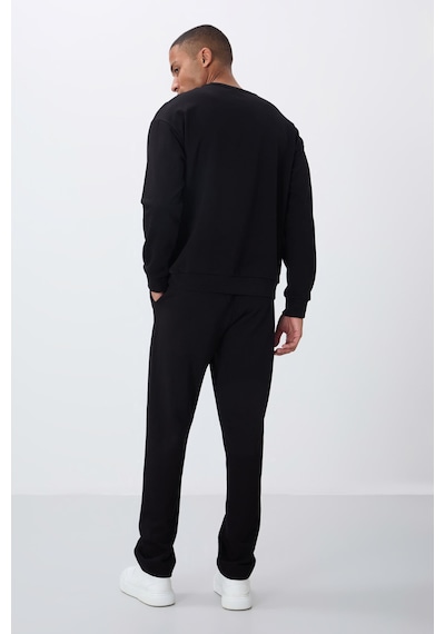 Tommy Life Siyah Kompakt Pamuklu Kalın Pürüzsüz Dokulu O Yaka Comfort Fit Erkek Eşofman Takım -85263 Siyah