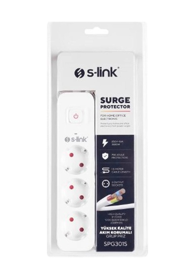 S-link Spg301s 1.5m 3x1.5mm 100 Yüzde Bakır 750 Joule 3 Lü Anahtarlı Akım Korumalı Priz Kdo