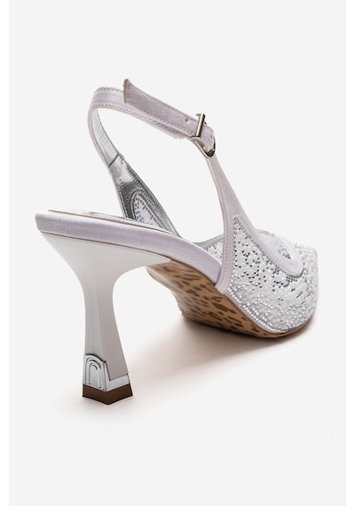 Luvishoes Frea Beyaz İnci Gümüş Taşlı Kadın Topuklu Ayakkabı