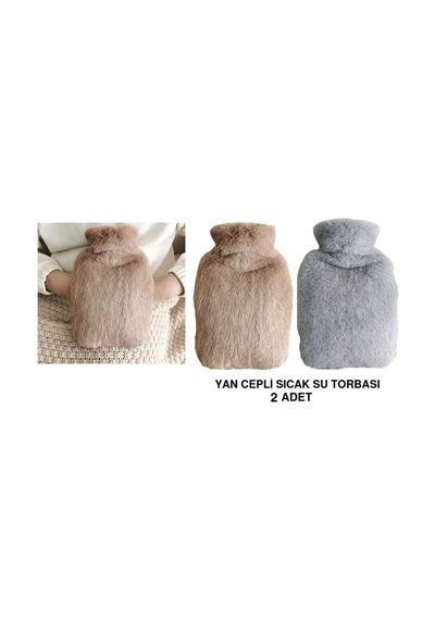 Sıcak Su Torbası 2 Adet,yan Cepli Peluş Termofor 27x17x2cm 750ml Bej-gri