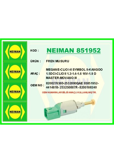 Bescher Fren Müşürü Megane-clıo I-ıı Symbol Iı-kangoo 1.5dcı-clıo Iı 1.2-1.4-1.6 16v-1.9d Master-movano Iıı Neıman 851952 8200276360 2532000qae