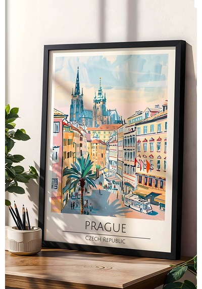 Çek Cumhuriyeti Prag Temalı Çerçeveli Tablo Travel Serisi Modern İllüstrasyon Duvar Dekoru Siyah