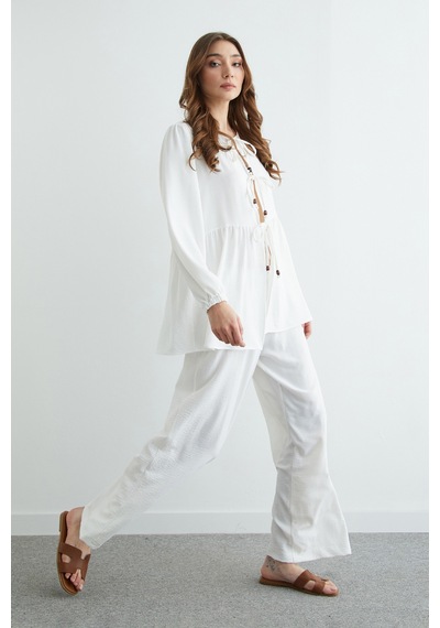 Fullamoda Fullamodest Önü Bağlamalı Ayrobin Kimono 2 Li Takım Beyaz