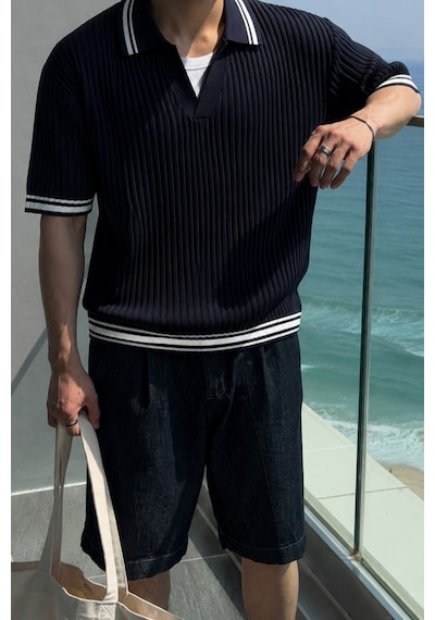 Tarz Cool Oversize Fit Çizgili Triko Polo Yaka Erkek Tişört Ribana Dokulu Premium Yazlık Model Siyah