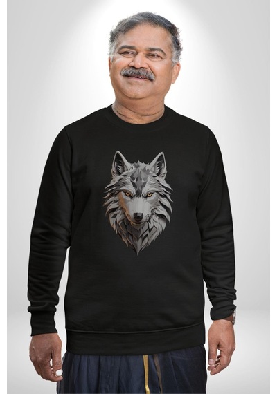 Beyaz Kurt Kafası Unisex Siyah Baskılı Sweatshirt Siyah