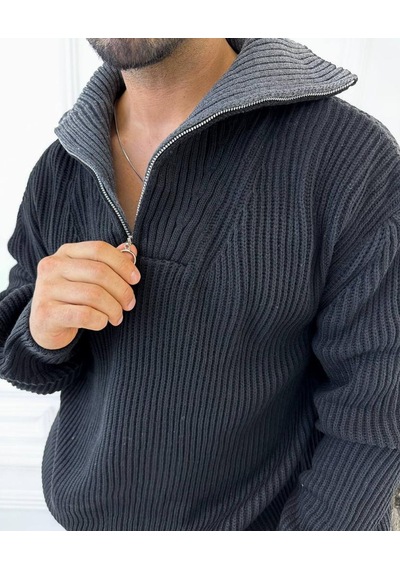 Elku Moda Kazak Dik Yaka Fermuarlı Örme Pamuk Tüylenmeyen Oversize Salaş Tarz Triko Kazak Siyah Elku Moda Kazak Dik Yaka Fermuarlı Örme Pamuk Tüylenmeyen Oversize Salaş Tarz Triko Kazak Siyah