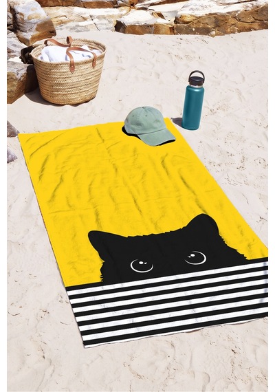 Kedi Temalı Sarı Siyah Çocuk Plaj Havlusu - Çizgili Modern Unisex Hızlı Kuruyan Mikrofiber Havlu Kül Kabuğu
