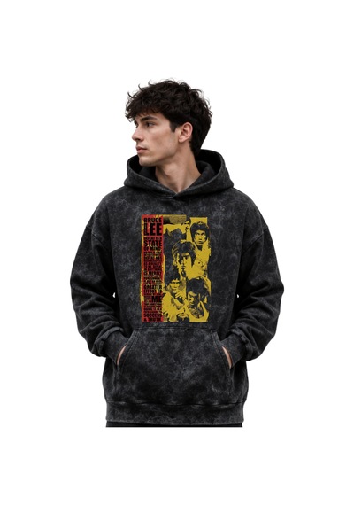 Sevbano Bruce Lee Dövüşçü Baskılı Unisex Oversize Premium Yıkamalı Hoodie Siyah