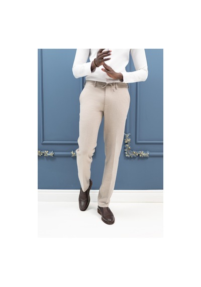 Ecer Regular Fit Beli İplikli Yan Cepli Astarsız Kışlık Kumaş Pantolon Krem