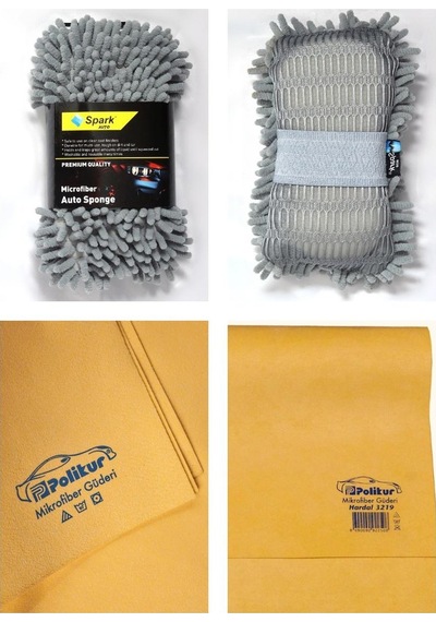 Spark 7040 Şönil Oto Yıkama Süngeri Ve Polikur 3219 Mikrofiber Güderi Oto Kurulama Bezi 2'li Set