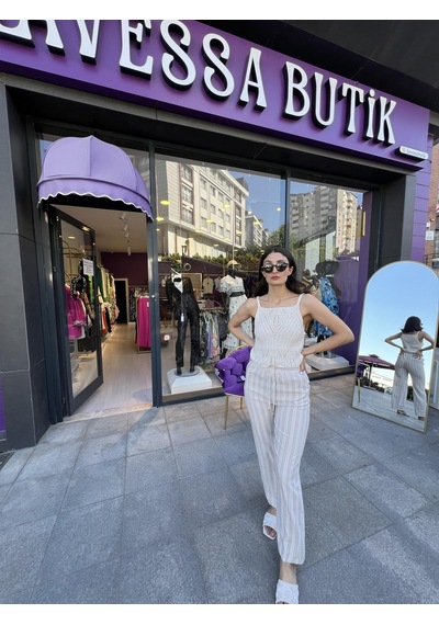 Bol Paça Çizgili Keten Palazzo Pantolon - Beyaz Renk-104 Beyaz