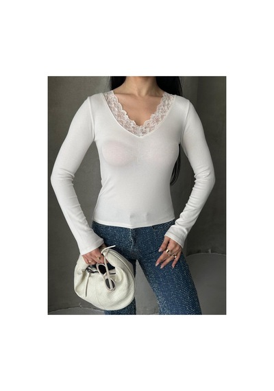 Dima Fashion Dantel Detaylı Bluz Beyaz