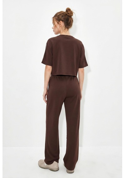 Shade Kadın Çizgi Detaylı Crop Bluzlu Yüksek Bel Modal Takım 4136 60286285 - Acı Kahve Çok Renkli