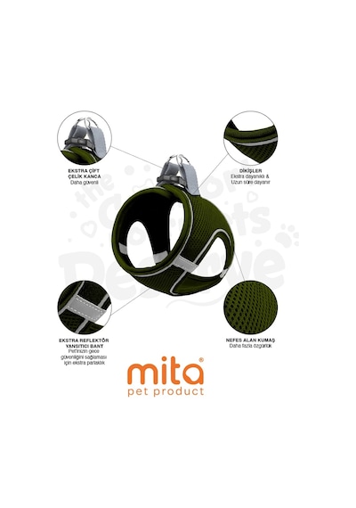 Mita Air Mesh Kedi Köpek Göğüs Tasması Çift Reflektörlü, Terletmeyen Haki