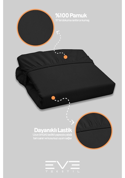 Eve Tekstil Pamuklu Çift Kişilik Rainforce Kumaş Lastikli Çarşaf Ve Yastık Kılıfı Set Siyah