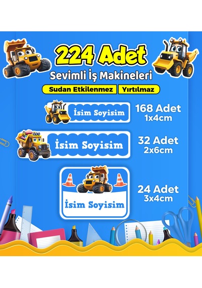 İş Makineleri Temalı Okul Kreş Kişiye Özel İsim Etiket Seti - Model 554 Çok Renkli