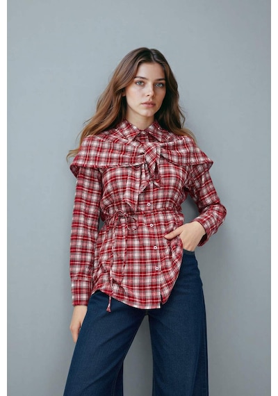 Defacto Regular Fit Kareli Gofre Dokulu Uzun Kollu Tunik G8348ax26sprd117 Kırmızı-rd117