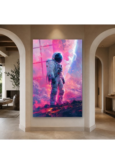 Pembe Bulutlarda Yürüyen Astronot Çerçevesiz Cam Tablo