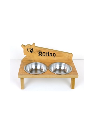 Realwood Özel İsimli Ahşap Kedi Köpek Mama Su Kabı Stantı 800 ML