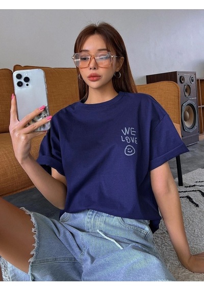 Flood Of Style Kadın Lacivert Love Love Love Baskılı Oversize T-shirt