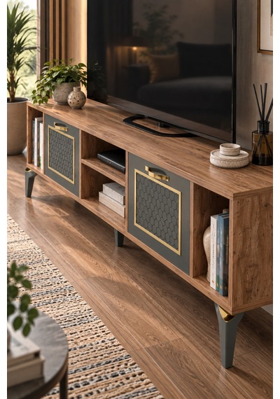 Sulorahome Kahverengi Ve Antrasit Kapaklı Tv Sehpası Altın - Antrasit - Ceviz