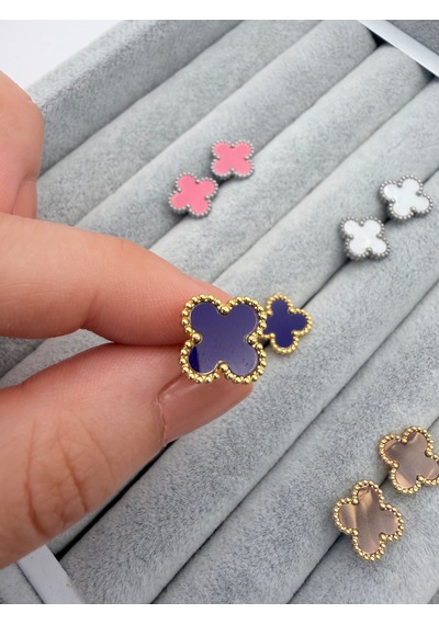 Çelik Yonca Küpe Renkli Mineli Gold Kadın Küpe 1 Cm Minimal Günlük Küpe Lacivert