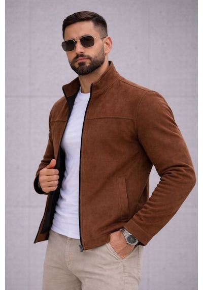 Baselco Slim Fit Dik Yaka Mevsimlik Süet Ceket Kahverengi