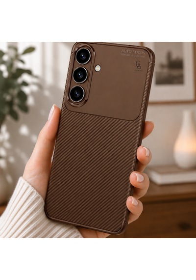 Samsung Galaxy S26 Fe Uyumlu Kılıf Karbon Tasarım Kamera Korumalı Silikon Telefon Kılıfı Kapak Kahverengi
