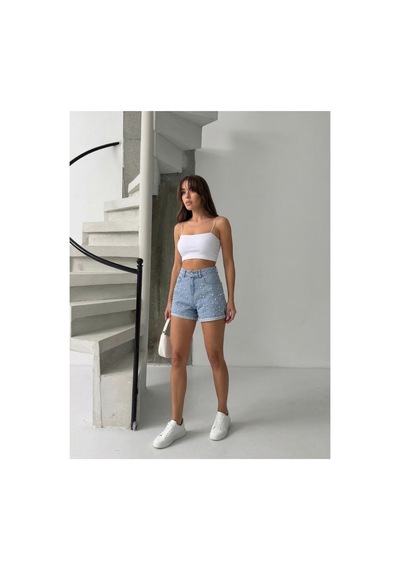 Bluemarlin İncili Buz Kar Kısa/mini Yırtmaçlı Kot Denim Şort Buz Kar