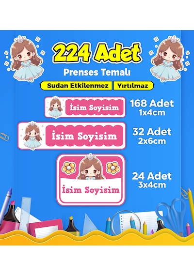 Prenses Temalı Okul Kreş Kişiye Özel İsim Etiket Seti - Model 300 Çok Renkli