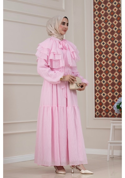 Sevitli Fırfır Detaylı Roza Tesettür Elbise-pembe-5775