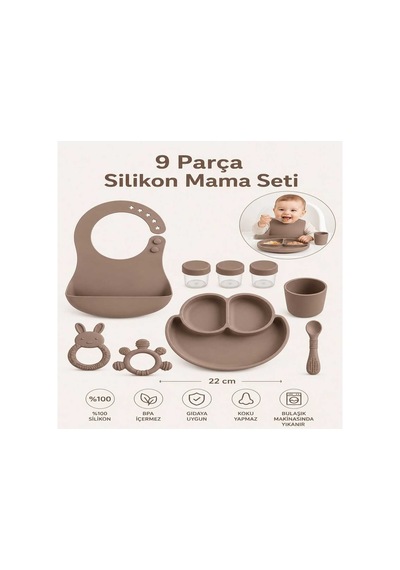9 Parça Mama Seti %100 Silikon Bpa İçermez Ek Gıdaya Uygun Kahverengi