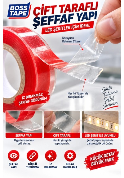 Led Yapıştırma Bandı 6 Metre 10 Mm Şeffaf Çift Taraflı Güçlü Led Şerit Sabitleme Bandı
