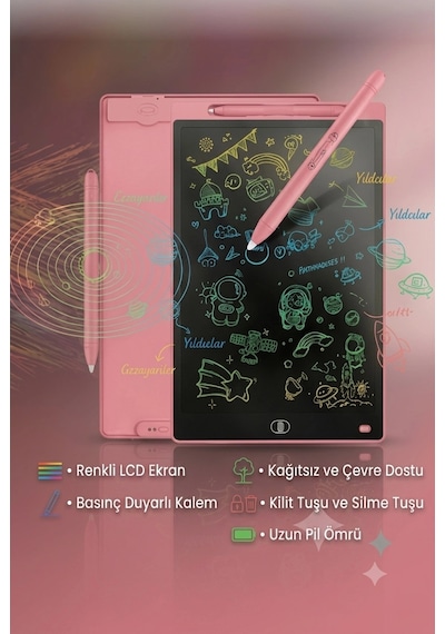 20 Inc Renkli Lcd Grafik Dijital Kalemli Çizim Tableti Yazı Tahta Not Yazma Eğitim Tableti Pembe