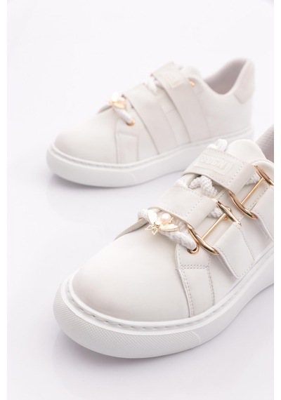 Dgn B1005 Kadin Aksesuarli Kemer Detayli Sneakers Ayakkabi Beyaz İpek