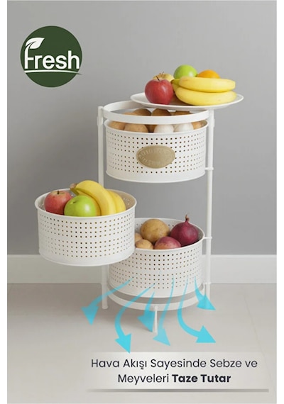 3 Katlı Tepsili Metal Sebzelik Açılır Metal Patates Soğan Meyvelik Sepeti Rafı Beyaz Beyaz