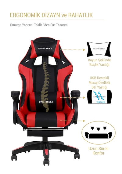 Fashcolle Dynamic Masajlı Oyuncu Koltuğu Kırmızı - Siyah