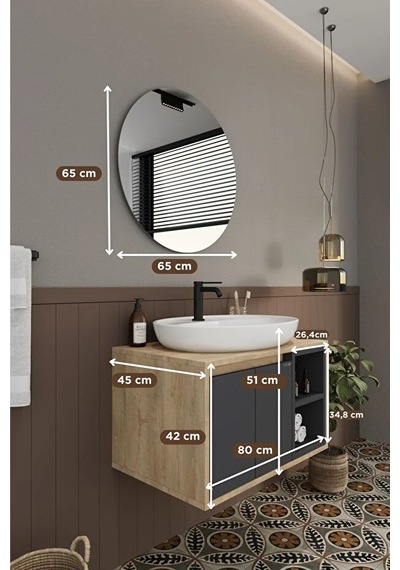 Gül 80 Cm %100 Mdf Lavabolu Banyo Dolabı Ayna Alt Dolap Lavabo Antrasit