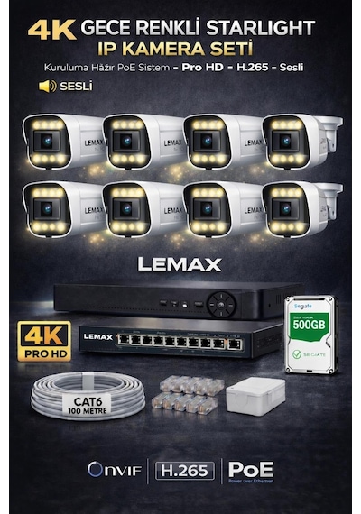8 Kameralı 4k 1440p Full Hd Sesli Poe Ip Kamera Sistemi Gece Renkli Ultra Hd Güvenlik Seti