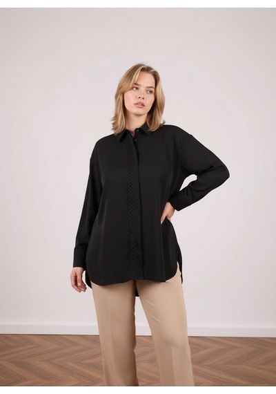 Pera Moda Büyük Beden İç Göstermeyen Uzun Oversize Önü Nakışlı Şık Gömlek Siyah