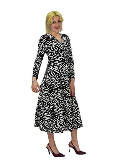 Kadın Krep Zebra Desenli V Yaka Elbise Bgl-st03537 001
