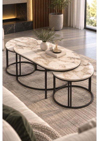 Sulorahome Efes Beyaz 3'lü Sehpa Seti Oval Mermer Desenli Metal Ayaklı Beyaz Mermer Sulorahome Efes Beyaz 3'lü Sehpa Seti Oval Mermer Desenli Metal Ayaklı Beyaz Mermer
