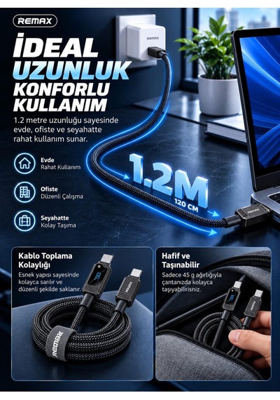 Remax Suxien Rc-c069 100w Pd Dijital Ekranlı Type-c To Type-c Hızlı Şarj Ve Data Kablosu 1.2 Metre Siyah