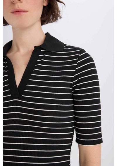 DeFacto Bodycon Vücudu Saran Polo Yaka Fitilli Kaşkorse Kısa Kollu Midi Elbise E6792AX25SPBK27
